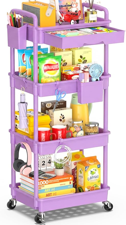 SUNALLY 4 Tier Rolling Cart with Drawer,Craft Storage Cart Organizer,Purple | Bathroom Storage Organizer with 2 Lockable Wheels, Rolling Utility Cart for Kitchen, Office, Baby, Makeup, Nail,Snack,Laundry