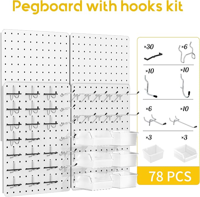 Steel Pegboard Tool Wall Organizer, 4 Pack 14.76 x 10.82 in, 6 Bins, White | 6 clear storage bins organize screws and small parts; 36 hooks and 30 peg locks keep garage tools sorted and easy to reach.