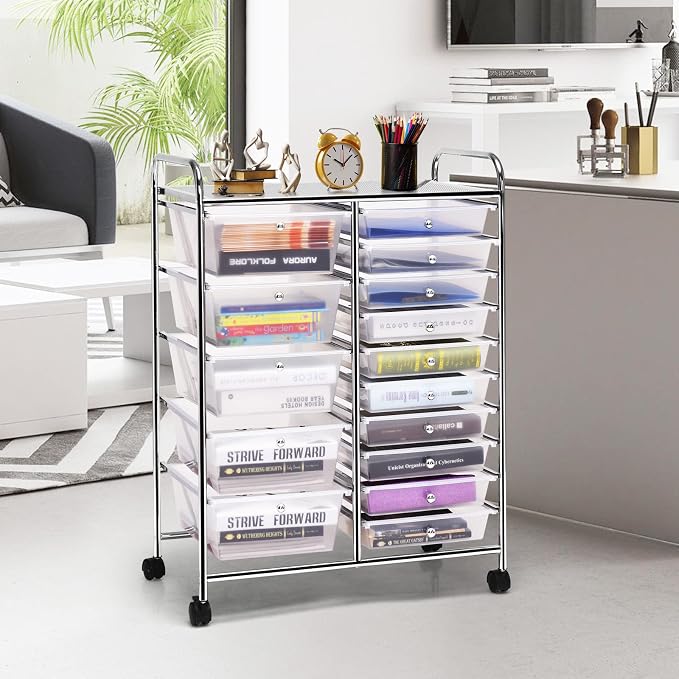 COSTWAY 15 Drawer Rolling Storage Cart, Mobile Storage Organizer | Removable Drawers & Metal Frame, Multipurpose Utility Tools Paper Organizer on Wheels for Home, Office (Transparent)