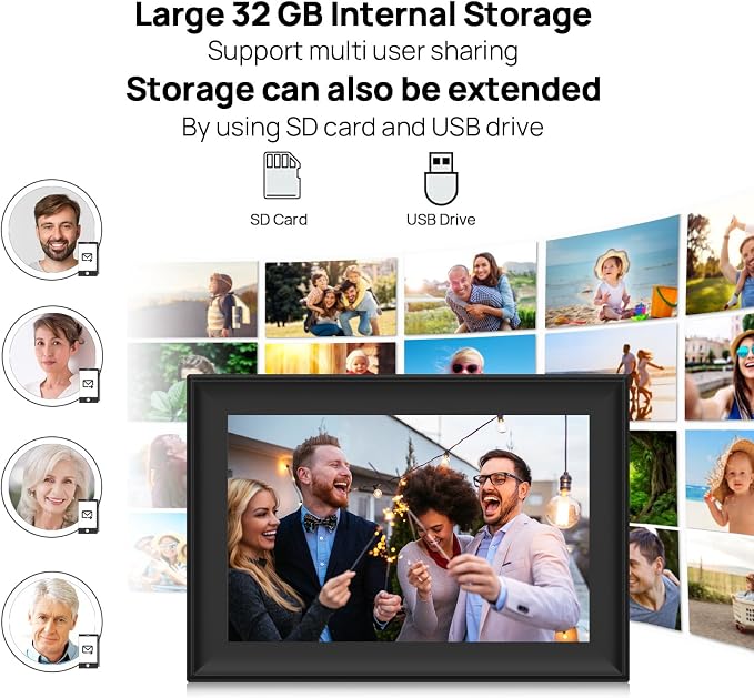 32GB 10.1 Inch WiFi Digital Picture Frame with 1280x800 HD IPS Touch Screen, Send Photo or Videos via App or Email,Support USB Drive/SD Card Extend Storage,Auto-Rotate,Wall Mountable