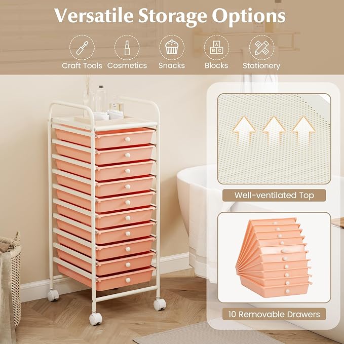 COSTWAY 10-Drawer Rolling Storage Cart, Utility Mobile Trolley | Removable Drawers & Universal Casters & 2 Brakes, Versatile Flexible Drawer Organizer Cart for Home, Office (Peach)