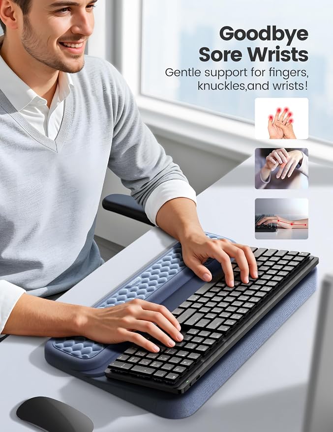 Vaydeer Wrist Rest with Keyboard Stand, Computer Wrist Support Pad, Ergonomic Keyboard Riser Holder Lift Tray with Wrist Pad, Soft Memory Foam Desk Cushion, Palm Hand Typing for Office Home Gift-Blue