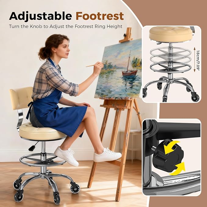 Office Drafting Chair with Footrest, Tall Height Adjustable Stool with Back Support, Heavy Duty Rolling Stool Chair with Wheels for Office Home Kitchen Bar Shop Guitar Studio Vanity, White