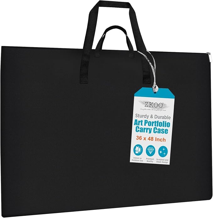 ZKOO Light Weight Art Portfolio Bag, 36 x 48 Extra Large Art Portfolio Case Light Weight Waterproof Poster, Studio Collection Tote for Artwork, Poster, Sketch Drawing, Canvas (36"*48"-Black)