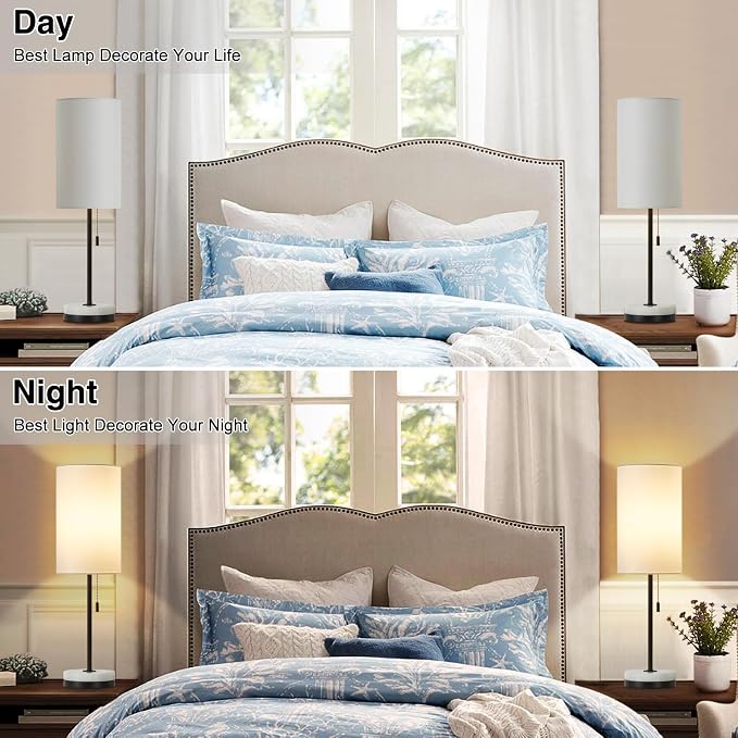 Luvkczc 18" Minimalist Table Lamp Set of 2, Nightstand Lamp for Bedroom Living Room, Modern Pull Chain Bedside Lamp with Marble Base, Fabric Shade, Small Desk Lamp for Home, Office, Reading