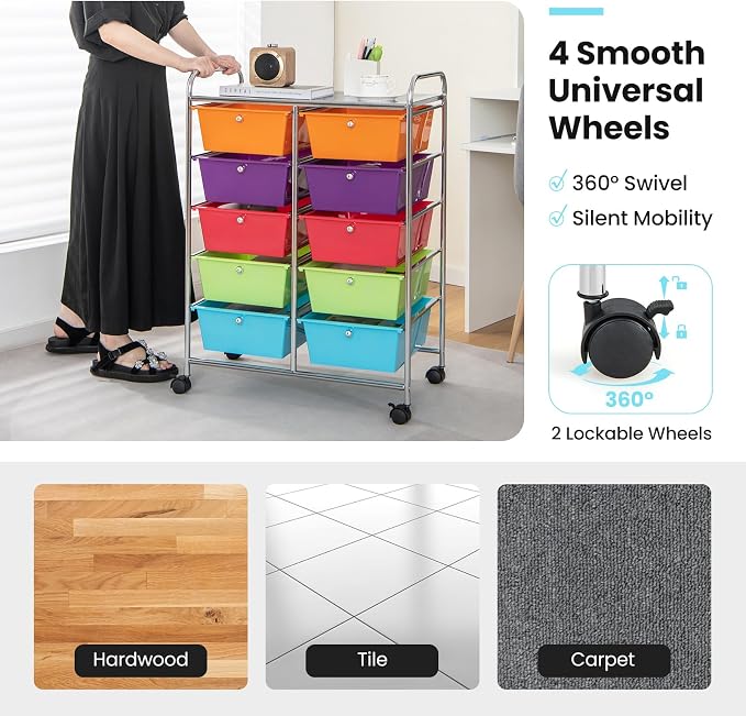BECOMFORT 10-Drawer Rolling Cart with Drawers, Storage Cart on Wheels, Teacher Classroom Organizers with Metal Frame, Mobile Craft Cart, Trolley Utility Cart for School Office Play Room