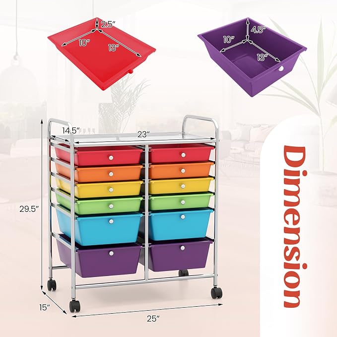 12 Drawer Rolling Storage Cart, Craft Cart Organizer on Wheels w/Metal Frame, Large Capacity & Smooth Drawer, Rolling Cart w/Drawers for Classroom, Office