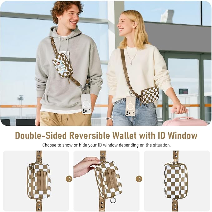 Tiostep Clip and Go Strap for Phone with Wallet Crossbody Phone Lanyard Adjustable and Detachable RFID Wristlet Wallet (Camel Checkered, Large)