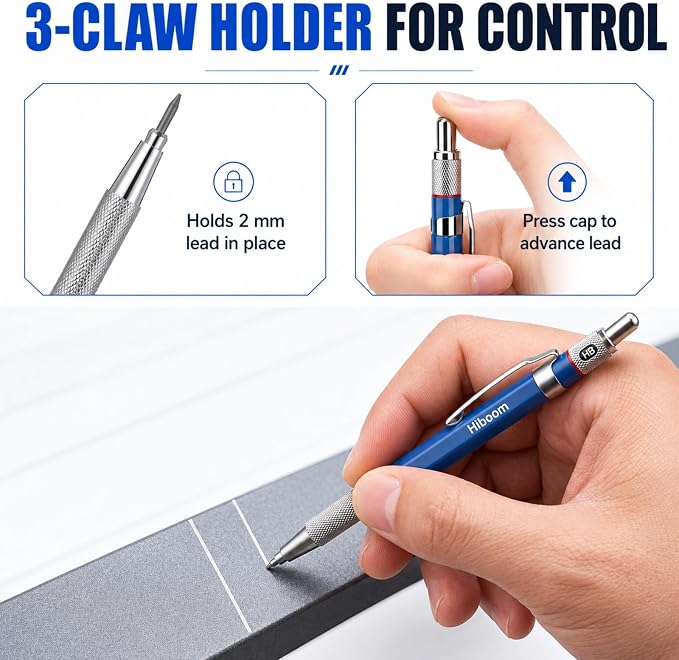 Hiboom 4 Pcs Welders Pencil with 60 Silver Round Refills 2 mm Mechanical Pencils Refill, Metal Marker Set for Pipe Fitter Welder Steel Construction Fabrication Wood Working Metal Layout Fabrication