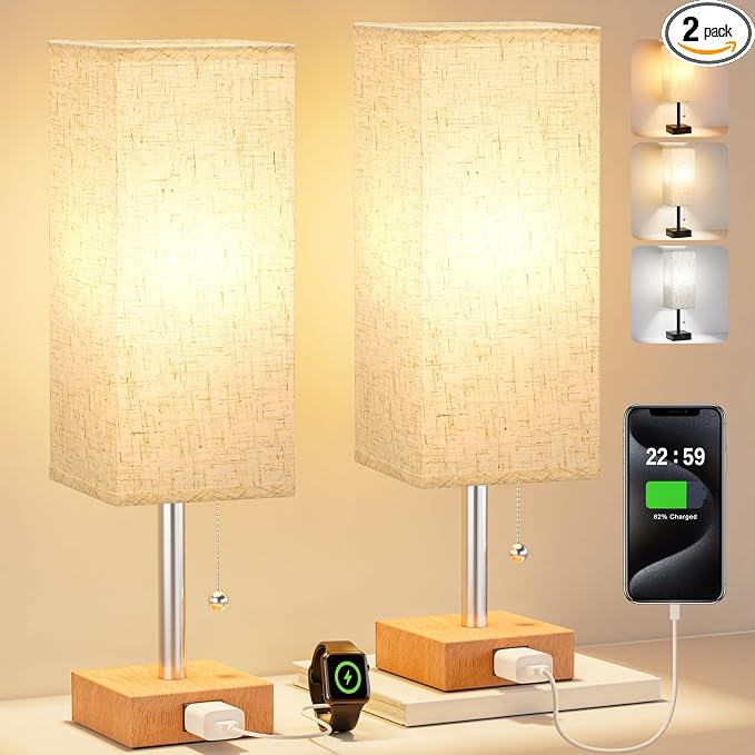 Bedside Lamp for Bedroom Set of 2 - Small Table Lamp for Nightstand | AC Outlet, 3 Color Temperatures, LED Bulb Included, Pull Chain Design, 14" Rectangular Desk Lamp for Dorm/Office, 2-Pack