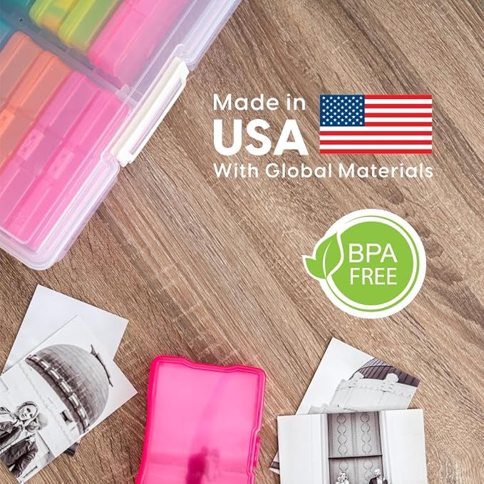 IRIS USA 4" x 6" |Made in USA| 2-Pack Photo Organizers and Picture Storage Box with Handle, 16 Inner Cases/Containers for Tasks, Stickers, Ephemera, & Flashcards - Clear/Multi-Color