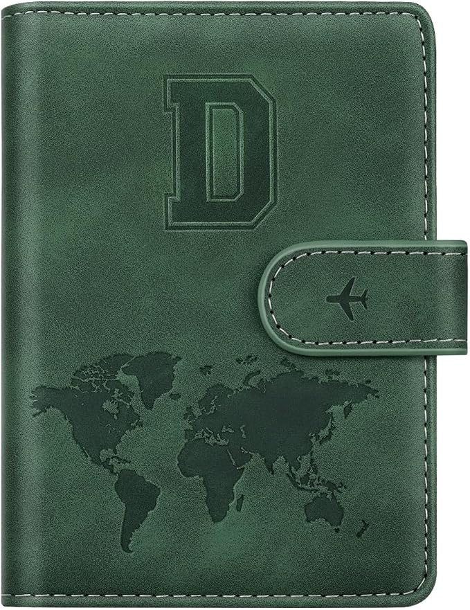 Passport Holder Wallet Cover Personalized Initial Travel Essentials | Embossed Letter A-Z Design, Travel Wallets, RFID Blocking, Passport Book Holders, Women Men, Personalized Gifts, Green-D