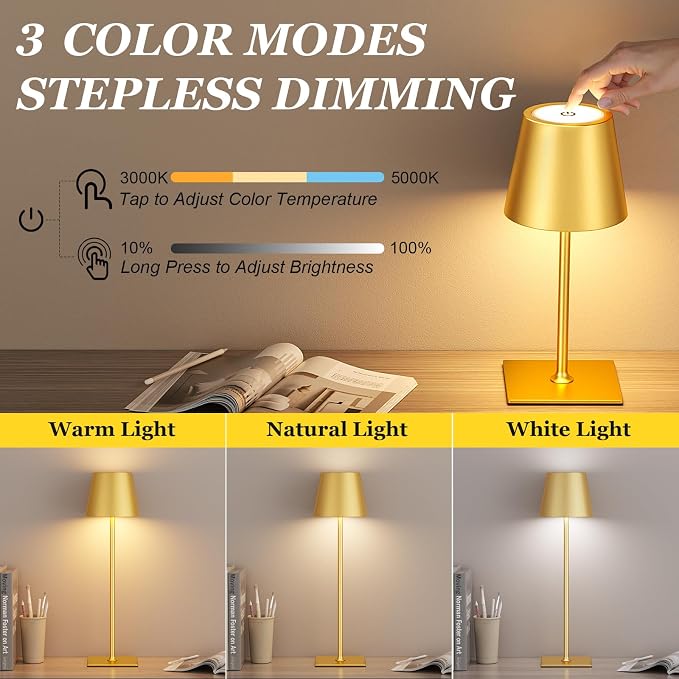 Kakanuo Gold Cordless Rechargeable Table Lamp 5000mAh Battery Operated Lamps, 3 Colors Stepless Dimming Touch Lamp for Dining, Living Room, Outdoor Patio, Kitchen Counter, 4 Pack