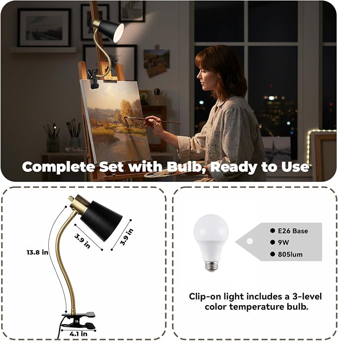 Desk lamp Eye-Caring Table Lamps, 360°Rotation Gooseneck Clip on Lamp Reading Light, Portable Reading Book Light, Clamp Light, Study Desk Lamps for Bedroom and Office Home Lighting (Black and Gold)