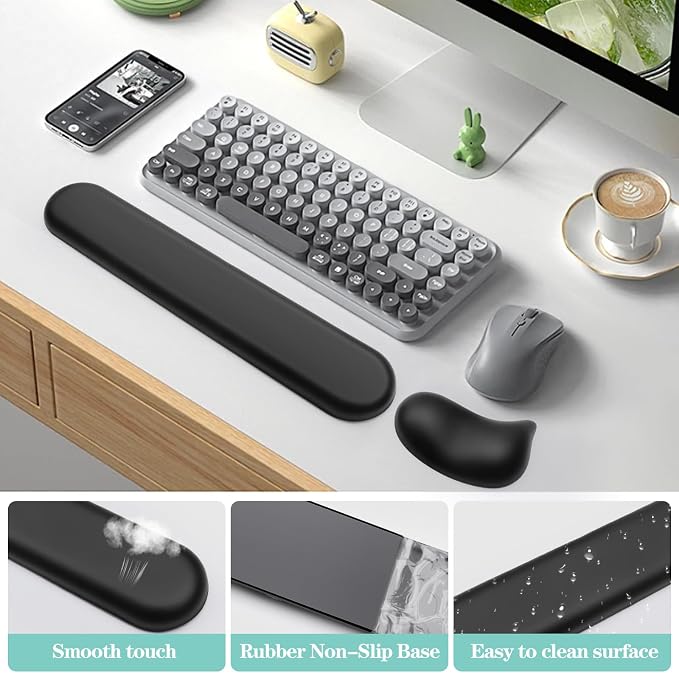 Ergonomic Wrist Rest for Computer Keyboard and Mouse Set with Wrist Support | Leather Memory Foam Mouse pad Rests for Pain Relief, Non-Slip, Desk Wrist Pad for Office Home (Black)