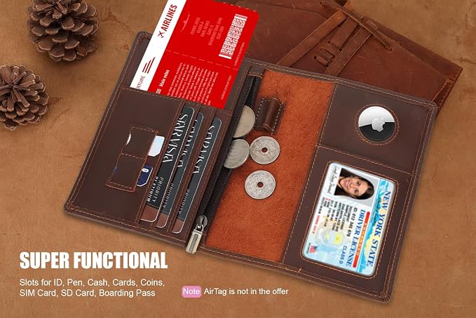 STAR VISTA Phoenix Leather Passport Holder, Full Grain Leather Travel Wallet - Slim, Bifold, RFID Blocking, ID Window, Coin Pocket, Card Slots, SIM Slots, AirTag Holder