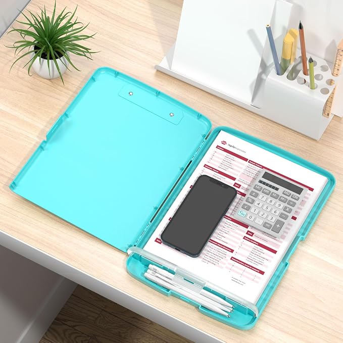 Rimilak Clipboard with Storage, 8.5 x 11'' High Capacity Clip Board, Green | Smooth Writing, Side-Opening Plastic Folder with Pen Holder, Size 14.2 x 9.6 x 1.2″ ,for Classroom, Teacher, Student