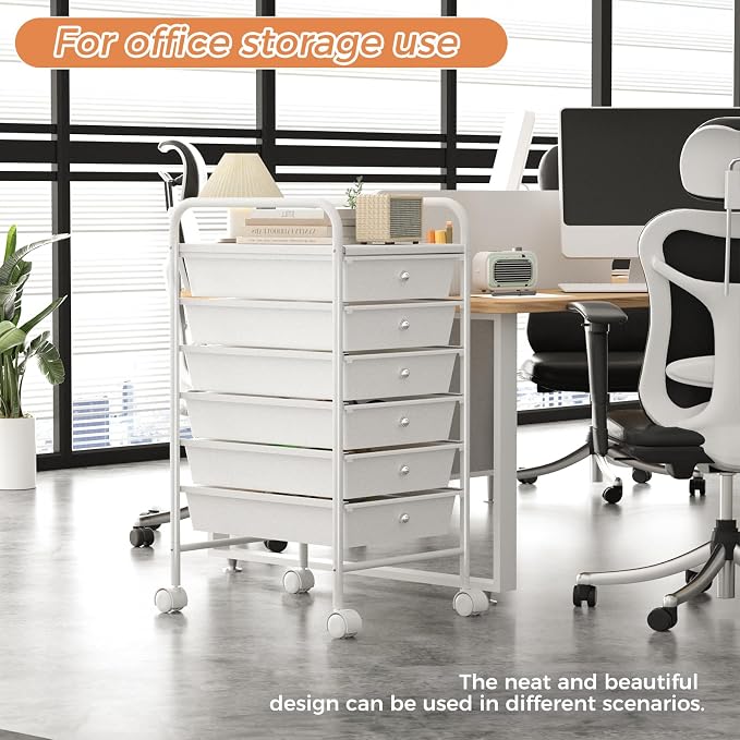 6 Tier Utility Rolling Cart with 6 Drawers Multipurpose Rolling Storage Cart with Wheels and Handles for Office Classroom Kitchen Bathroom Bedroom Organization White