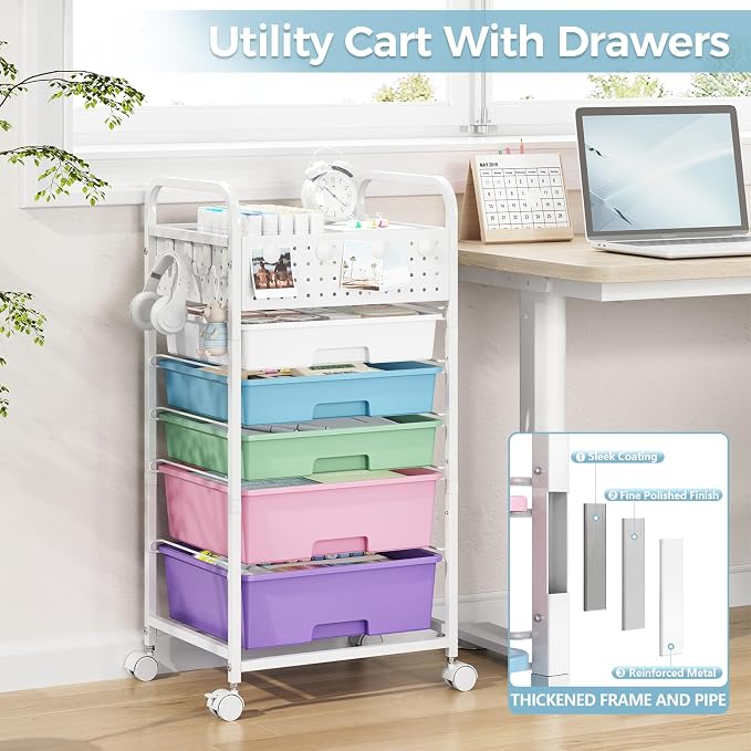 5 Drawer Rolling Storage Cart with Pegboard Top and Hooks, Ice Cream | Mobile Organizer Cart with Wheels for Office Supplies, Craft Storage, Classroom Organization, Home Utility Cart