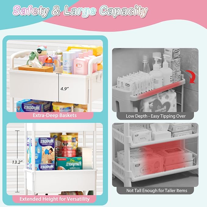 SUNALLY Baby Diaper Caddy Cart,3 Tier Rolling Diaper Cart for Nursery,White | Large Capacity & Easy Assemble Diaper Storage Organizer with Lockable Wheels for Newborn, New Mom, Baby Girl Boy Essentials