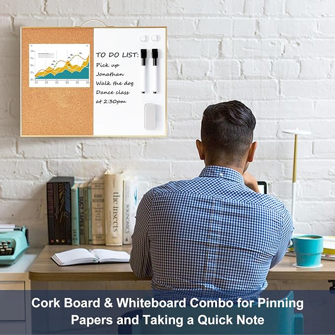 Small Combination Board - 12" X 16" Portable Aluminum Gold Framed Magnetic Dry Erase Board for Wall, Small Bulletin Cork Board with Holder for Office, Home and School