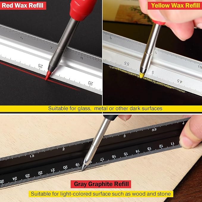 Hiboom 3 Pack Carpenter Pencil with 21 Refills (Yellow, Red, Black) | Long Nosed Deep Hole Marker, Mechanical Pencil, Built in Sharpener, Marks Dark Surfaces, Construction Woodworking Tools