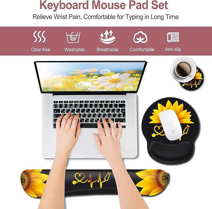 Ergonomic Wrist Protection Mouse Pad Wrist Guard and Keyboard Wrist Rest, Non-Slip Rubber Base Mouse Pad Sunflower and ECG Stethoscope Pattern, Personalized Fashionable Black Office Accessories
