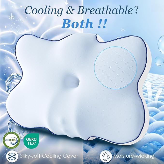 Ultra Cooling Cervical Neck Pillow for Side Sleepers, 2-Height 5.31"/3.54" | Contour Orthopedic Neck Pillow with Non-Temperature Affected Memory Foam, Ergonomic Pain Relief Pillow for Sleeping ( Large )