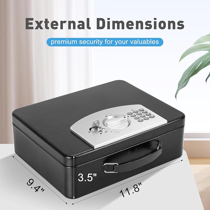 KYODOLED Safe Box with Digital Keypad Lock, Lock Box with Code for Personal Items, Metal Security Box for Cash, Passport, Jewelry, Ideal for Home, Office, Garage Sale, 11.8'' x 9.4'' x 3.5'', Black