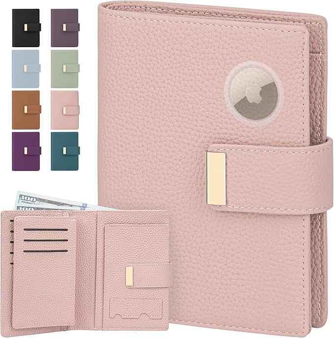 Pink Passport Holder with Airtag RFID Blocking Travel Wallet for Women, Leather Passport Wallet with Airtag Slot Slim Compact Passport Cover with Zipper Coin Pocket, Holder Card, SIM, Cash