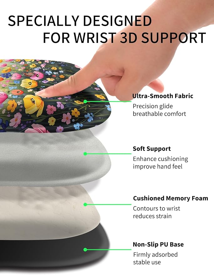Hokafenle Ergonomic Wrist-Hugging Mouse Pad Wrist Support, U-Shaped Holding Wrist Rest Mousepad for Carpal Tunnel Pain Relief with Cushioned Memory Foam Slope Massage Bulge (10.2x8.3 in,Flowers)