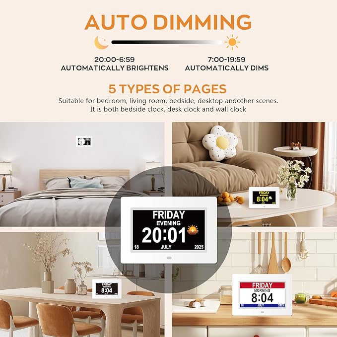Digital Dementia Clocks for Seniors, 7 Inch, White | Day Date Time Large Display for Poor Vision Easy Read, Medication Reminder Alarm, Spanish 10 Languages, Alzheimer Gifts