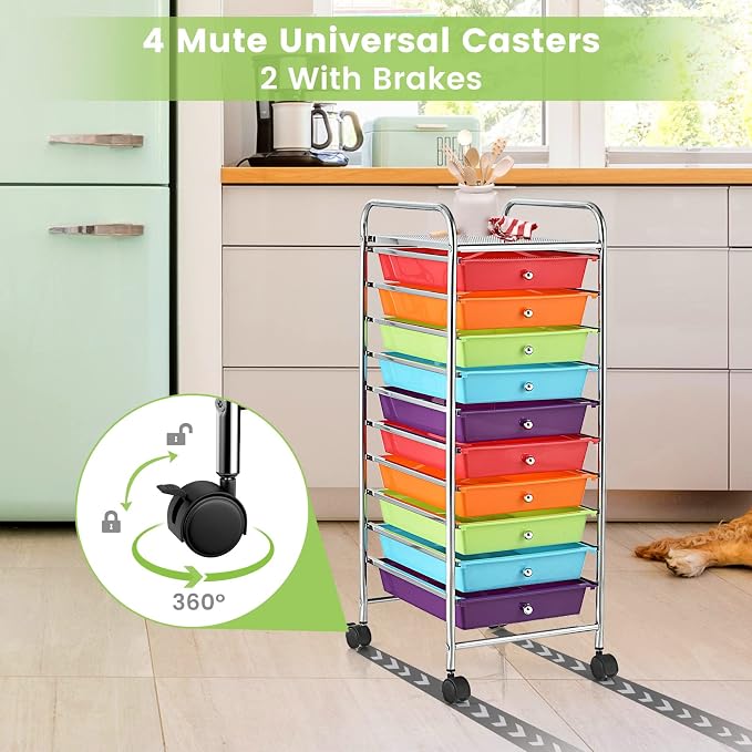 COSTWAY 10-Drawer Rolling Storage Cart, Utility Mobile Trolley | Removable Drawers & Universal Casters & 2 Brakes, Versatile Flexible Drawer Organizer Cart for Home, Office (Multi-Color)