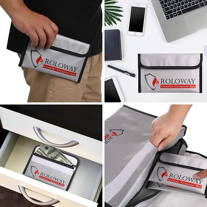 Small Fireproof Bag (5 x 8 inches), Non-itchy Fireproof Money Bag for Cash, Valuables, Passport, Currency & Keys (2-Pack Silver)