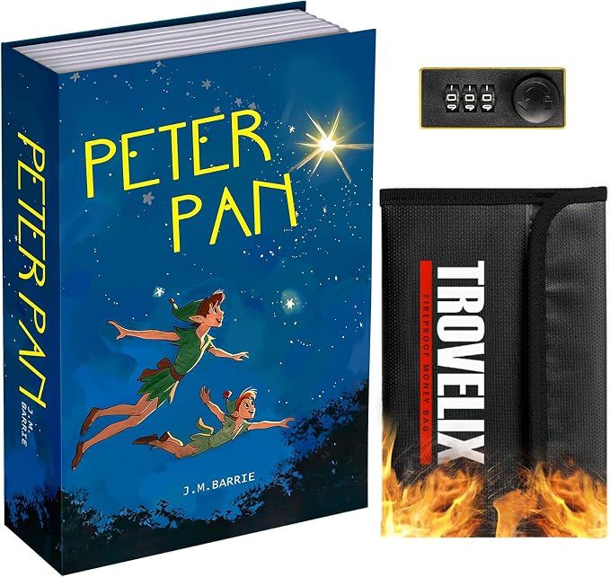 Book Safe with Combination Lock, Hidden Safe (9.5 x 6.2 x 2.2 Inch) with Fireproof Bag, Secret Diversion Safe, Hollow Book Box Hidden Storage, Money Safe Box for Cash (Peter Pan)