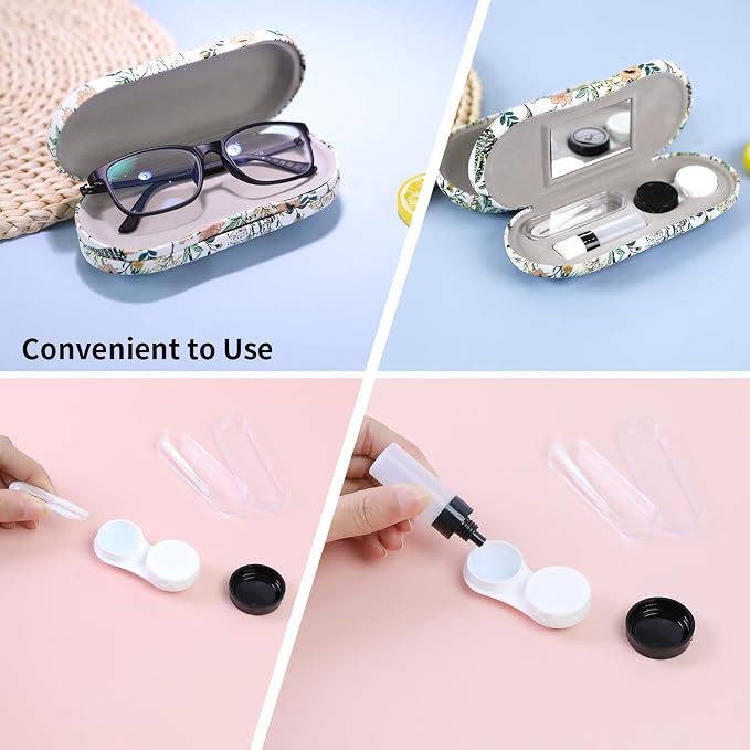 2 in 1 Contact Lens Case and Eyeglasses Case for Women Men Kids, Double Sided Hard Shell Portable Glasses Travel Holder with Built-in Mirror, Contact Lens Box (White Flower)