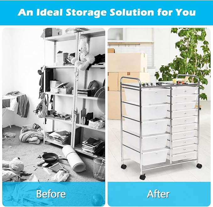 15 Drawer Rolling Storage Cart, Rolling Cart with Drawers for Classroom, Art Supply Craft Organizer on Wheel with Metal Frame & Handles for Home Office School