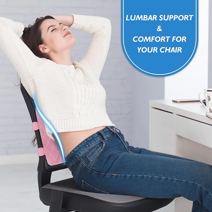 Lumbar Support Pillow for Office Chair, Back Support, Memory Foam, Pink | Improve Sitting Posture & Back Pain Relief. Lumbar Pillow Fits Office, Gaming & Car Chairs with Adjustable Dual Straps