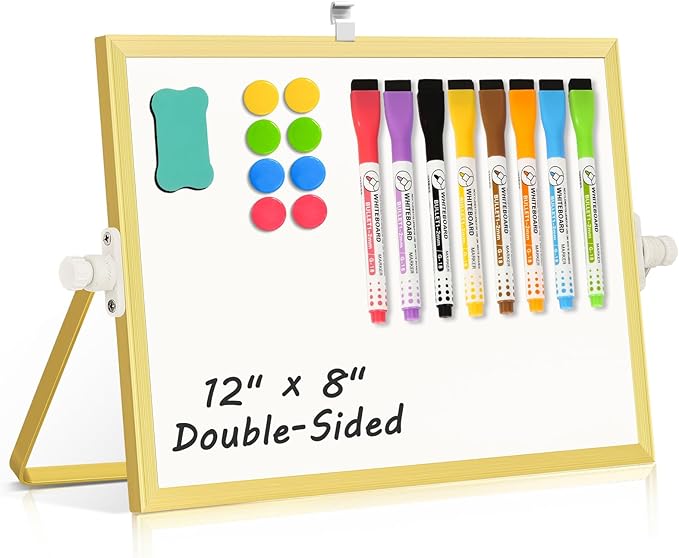 Double-Sided Magnetic White Board with Stand, 12" x 8" (Gold) | Dry Erase Board with Stand, Desktop Whiteboard Easel , Portable Small White board dry erase for Drawing, Office, Home