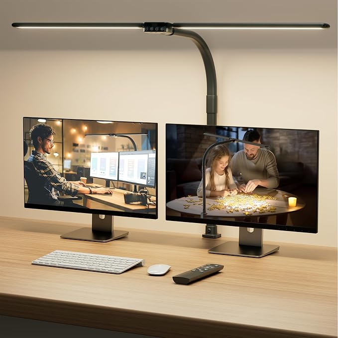LED Desk Lamp for Home Office - Dimmable Computer Desk Light with Clamp, Modern Architect Task Lamp with Color Changing, Flexible Desktop Lamp with Gooseneck for Monitor, Double Head, Black
