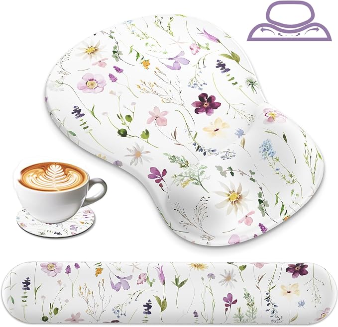 AKITErgonomic Mouse Pad with Wrist Rest for Computer Keyboard, Memory Foam | Cute Flower Keyboard Mouse Pad with Wrist Support Soft, Mousepad Gaming Wrist Pad for Office Work Desk