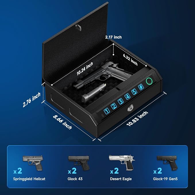 Biometric Gun Safe for Handgun,Drop Slot Compatible for 2-3 Pistols | Fingerprint Pistol Safe, Fits 2-3 Handguns, Quick Access, LED Light, Stealth Mode, Security Cable, Portable Lock Box