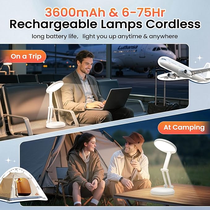 One Fire Rechargeable Table Lamp, 3600mAh Battery Operated Lamp Dorm Lamp | Cordless Lamp,10 Brightness,Portable,Small Size,Foldable,6-288h Endurance,Touch Control, Reading,Travel,Office,Nail,Emergency