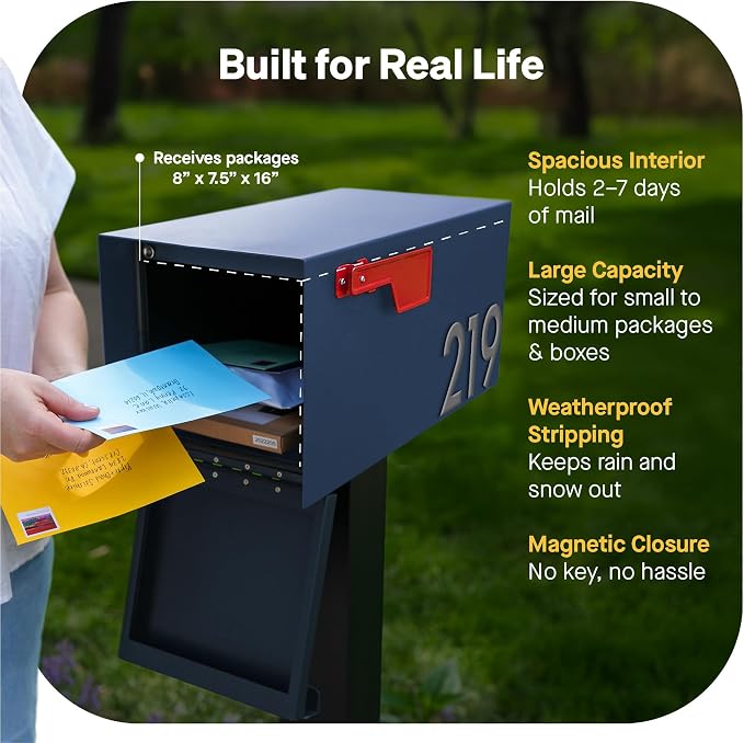 Adoorn Post Mount Outdoor Mailboxes - Large Decorative Mailbox for Letters and Packages - Weatherproof Construction - Durable Steel - Magnetic Closure - 9.5” H x 9.5” W x 20.75” D - Navy