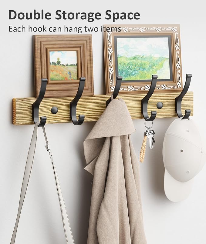Optish Coat Rack Wall Mount, 16.5 Inches Wood Coat Hooks Wall Mount, Wall Coat Rack with 5 Hooks, Hat Rack Wall Hooks for Hanging Coat, Bag, Towel (1Pack, Natural)