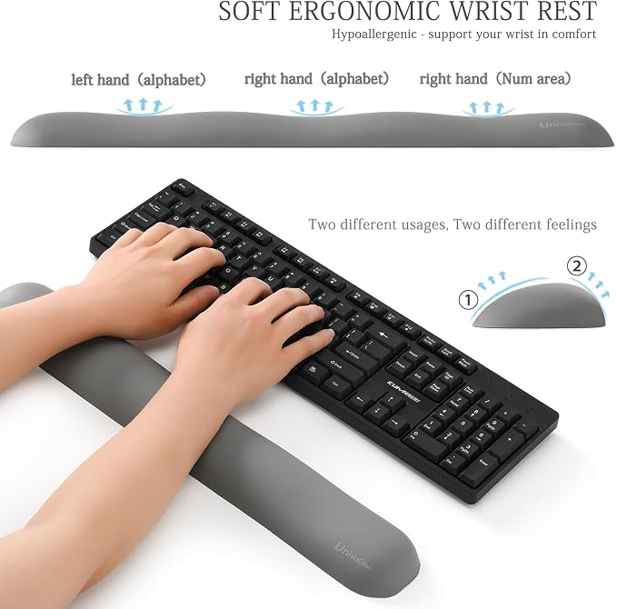 UnivoColors Design-Wave Keyboard Wrist Rest, Artificial Sheepskin+Memory Foam+Ergonomic+Anti-Slip Gel, Resilience Support During Work and Gaming,Keyboard Accessory,Grey