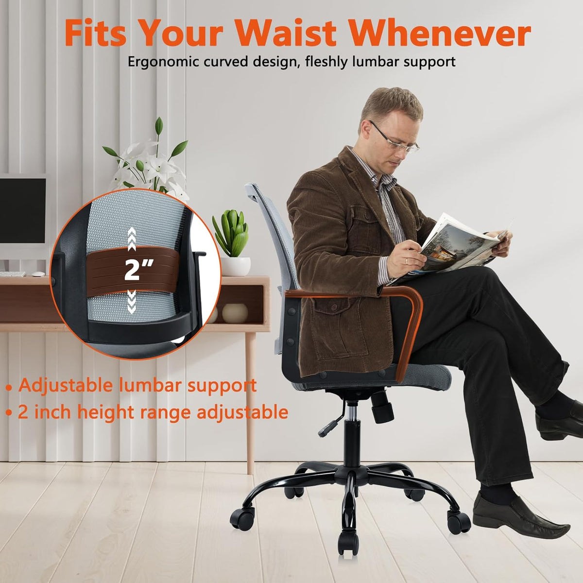 CLATINA Ergonomic Office Desk Chair - Mesh Office Chair with Adjustable Lumbar Support, Rolling Comfortable Computer Task Chairs with Arms for Home Conference-Gray, 4 Pack