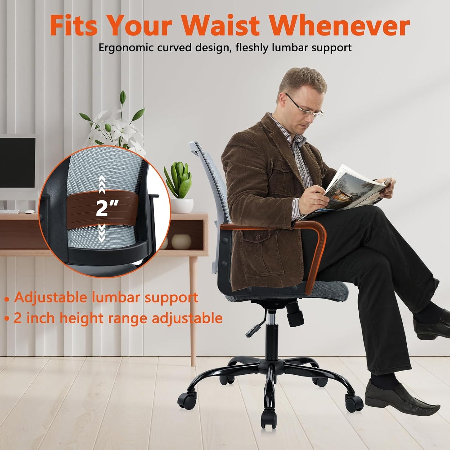 CLATINA Ergonomic Office Desk Chair - Mesh Office Chair with Adjustable Lumbar Support, Rolling Comfortable Computer Task Chairs with Arms for Home Conference-Gray, 2 Pack