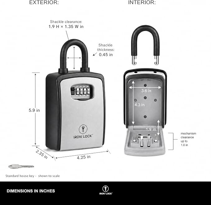 Iron Lock® XXL Portable Key Lock Box, U-Shackle 4-Digit Code (XXL, Grey) | Holds 20-30 keys plus fobs, cards & remotes; unique built-in tray; weather resistant; wall-mount hardware included