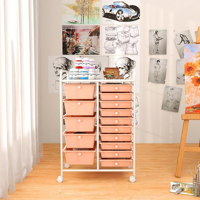 GLACER 15 Drawers Rolling Storage Cart, Steel Frame Craft Organizer Cart | Utility Cart w/Lockable Wheels & Sleek Handle, Mobile Art & Tool Supply Trolley for Teacher, Home, School, Office (Peach)